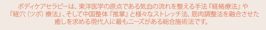 ボディケアセラピーは、東洋医学の原点である気血の流れを整える手法『経絡療法』や『経穴(ツボ)療法』、そして中国整体『推掌』と様々なストレッチ法、筋肉調整法を融合させた癒しを求める現代人に最もニーズがある総合施術法です。